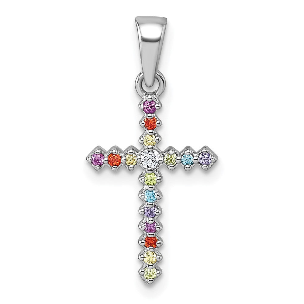 Sterling Silver Rhodium Plated Children's Multi Color CZ Cross Pendant