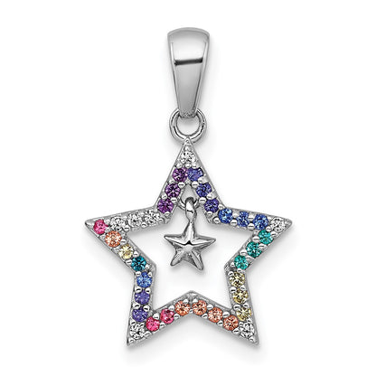 Sterling Silver Rh-Pl Multi Color Nano Crystals Star with Mini Star Children's Pendant
