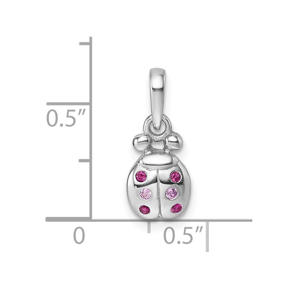 Sterling Silver Rhodium Plated Children's Pink Red CZ Lady Bug Pendant