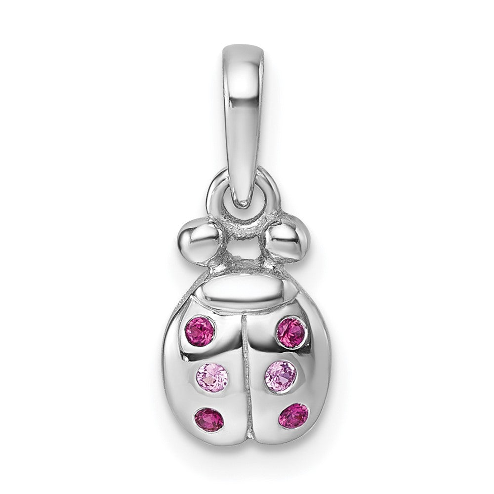 Sterling Silver Rhodium Plated Children's Pink Red CZ Lady Bug Pendant