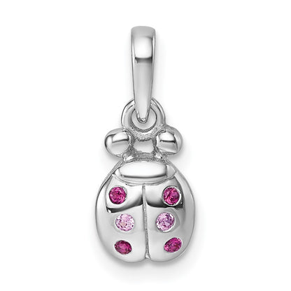 Sterling Silver Rhodium Plated Children's Pink Red CZ Lady Bug Pendant