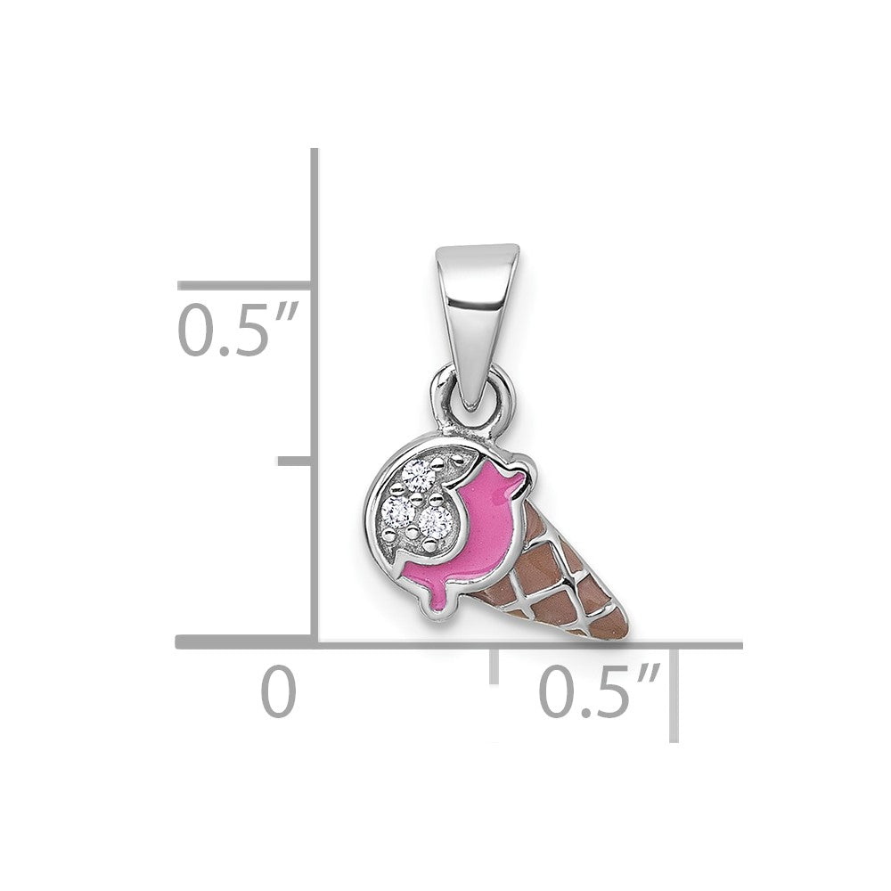 Sterling Silver Rhodium-Plated Children's Enamel CZ Ice Cream Pendant