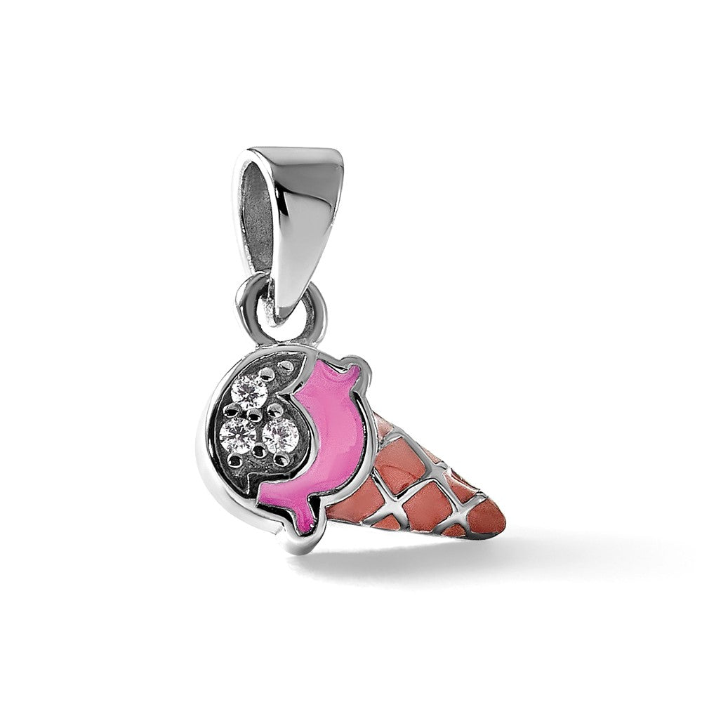 Sterling Silver Rhodium-Plated Children's Enamel CZ Ice Cream Pendant