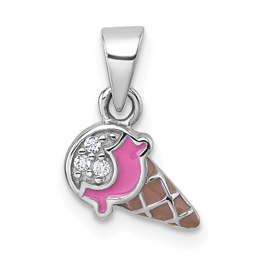 Sterling Silver Rhodium-Plated Children's Enamel CZ Ice Cream Pendant