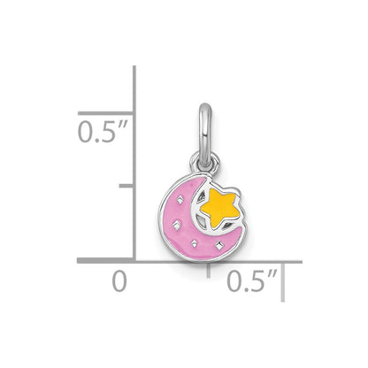 Sterling Silver Rhodium Plated Polished Enamel Moon and Star Children's Pendant