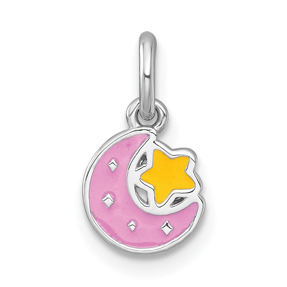 Sterling Silver Rhodium Plated Polished Enamel Moon and Star Children's Pendant