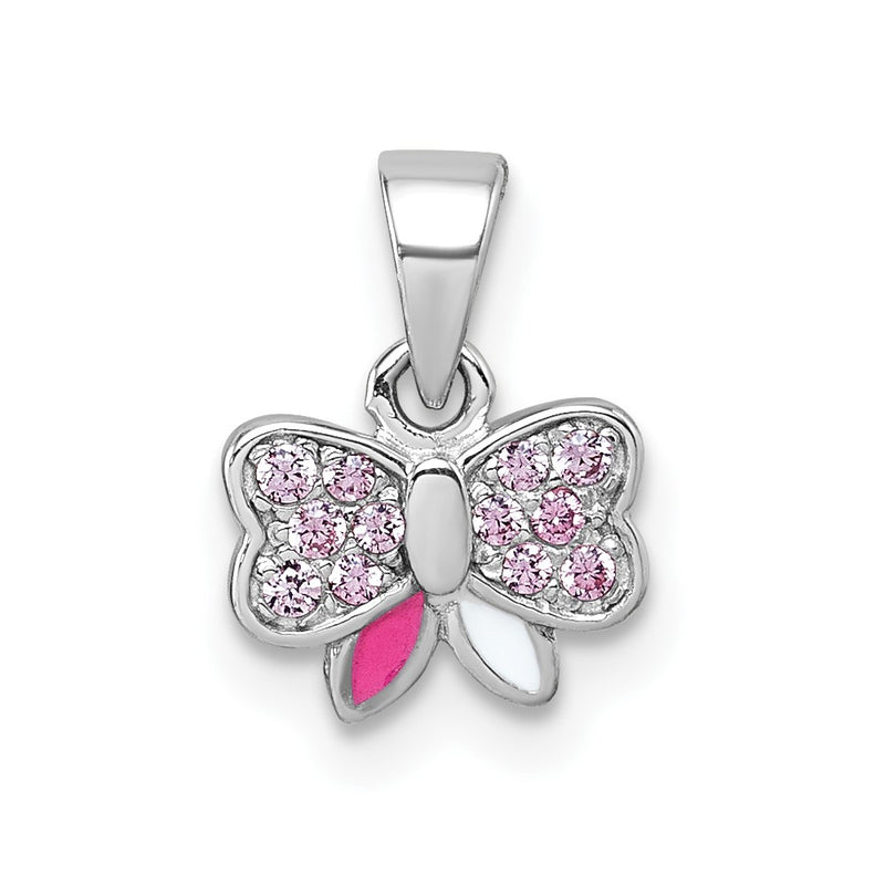 Sterling Silver Rhodium-Plated Children's CZ Enamel Bow Pendant