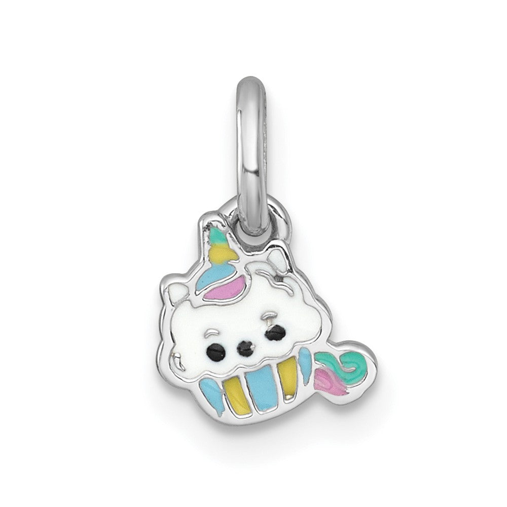 Sterling Silver Rhodium-Plated Enamel Unicorn Cupcake Children's Pendant