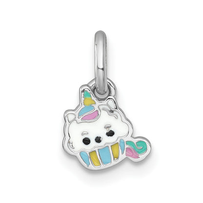 Sterling Silver Rhodium-Plated Enamel Unicorn Cupcake Children's Pendant