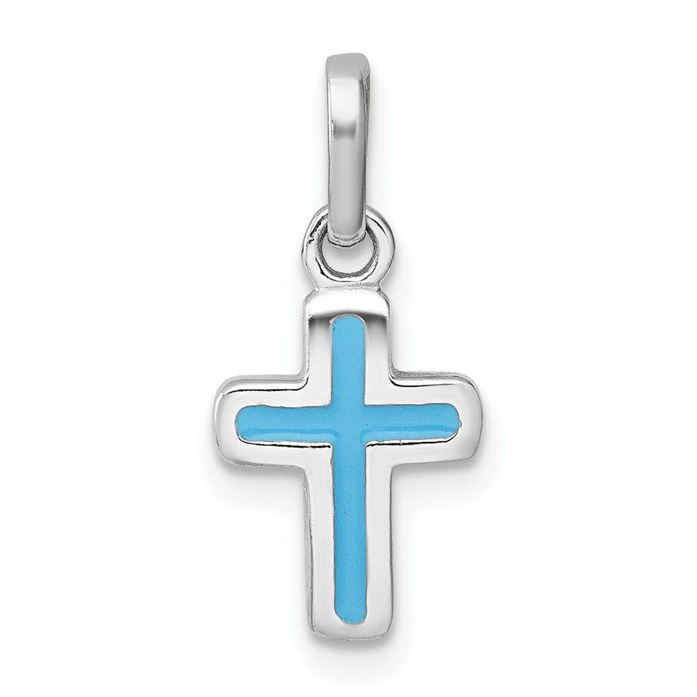 Sterling Silver Rhodium-Plated Children's Enamel Blue Cross Pendant