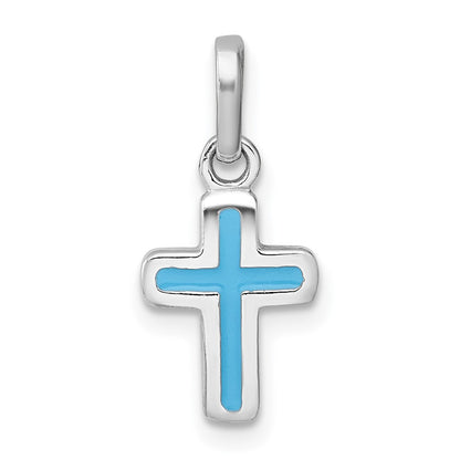 Sterling Silver Rhodium-Plated Children's Enamel Blue Cross Pendant