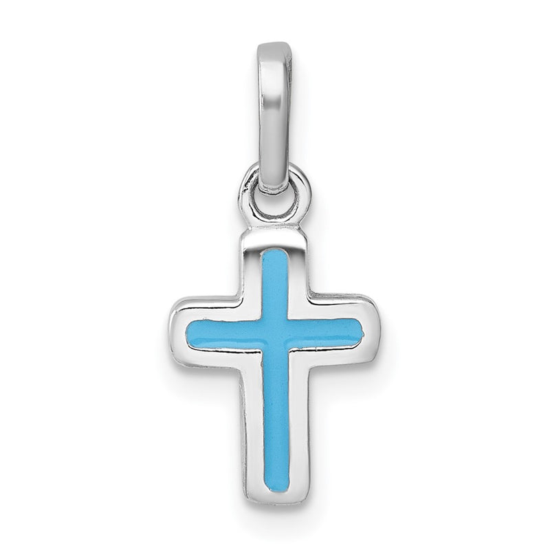 Sterling Silver Rhodium-Plated Children's Enamel Blue Cross Pendant