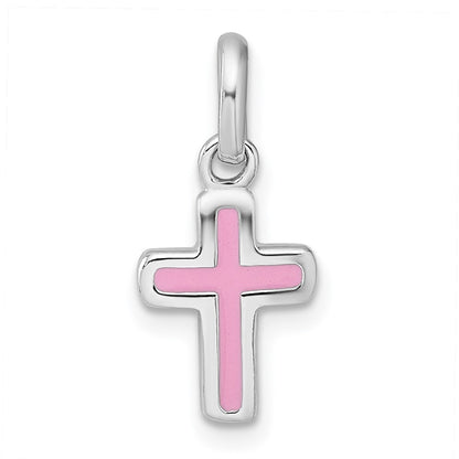 Sterling Silver Rhodium-Plated Children's Enamel Pink Cross Pendant