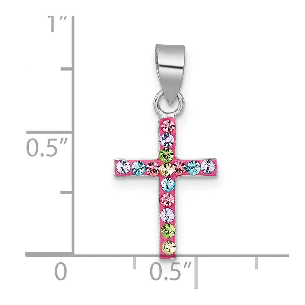 Sterling Silver Rh-Pl Pink Multi Color Crystal Children's Cross Pendant