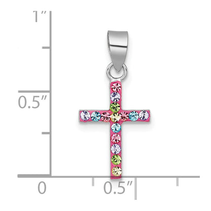 Sterling Silver Rh-Pl Pink Multi Color Crystal Children's Cross Pendant