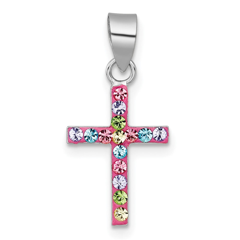 Sterling Silver Rh-Pl Pink Multi Color Crystal Children's Cross Pendant