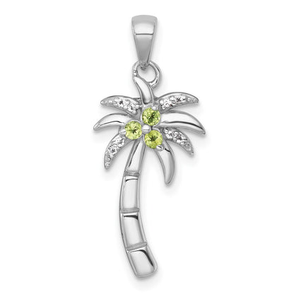 Sterling Silver Rh-Pltd Grooved Peridot/white Topaz Palm Tree Pendant