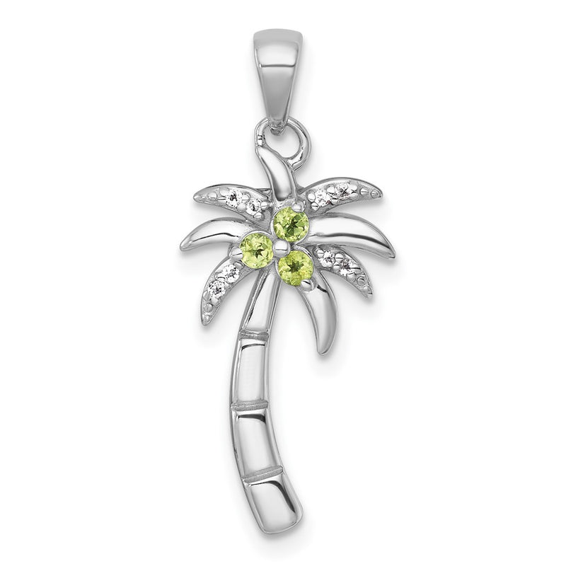 Sterling Silver Rh-Pltd Grooved Peridot/white Topaz Palm Tree Pendant