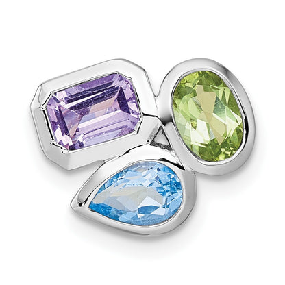 Sterling Silver Rhodium Plated Polished Blue Topaz/peridot/amethyst Chain Slide