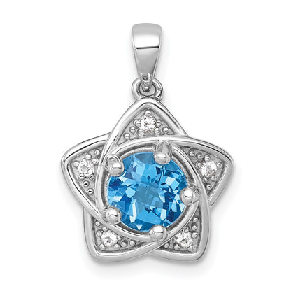 Sterling Silver Rh-Pltd Light Swiss Blue Topaz/white Topaz Star Pendant