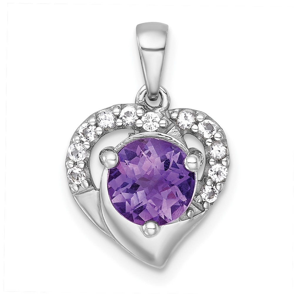 Sterling Silver Rh-Pltd Polished Fancy Amethyst and White Topaz Heart Pendant