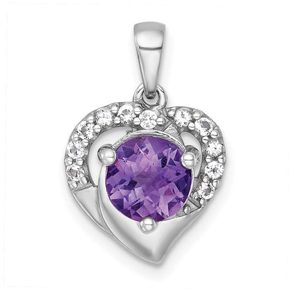 Sterling Silver Rh-Pltd Polished Fancy Amethyst and White Topaz Heart Pendant