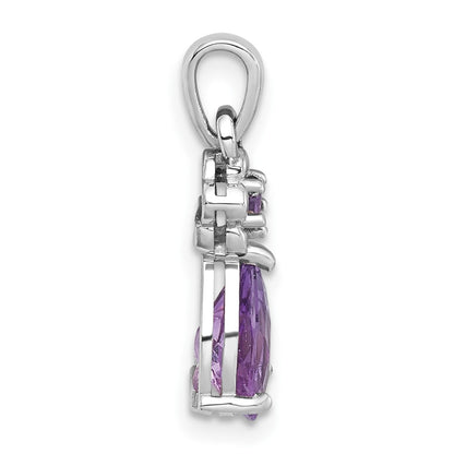 Sterling Silver Rh-Pltd Polished Amethyst Floral Teardrop Pendant
