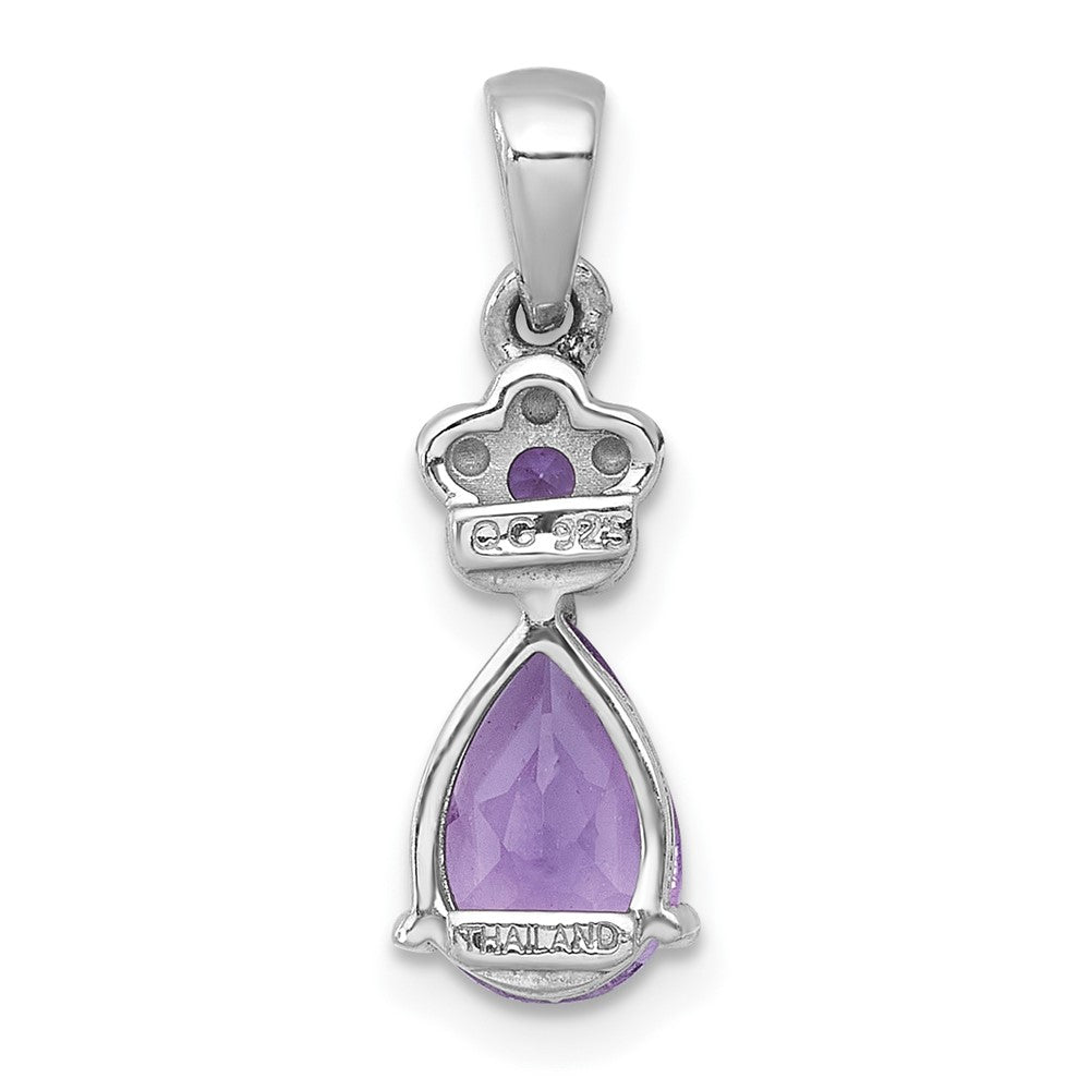 Sterling Silver Rh-Pltd Polished Amethyst Floral Teardrop Pendant