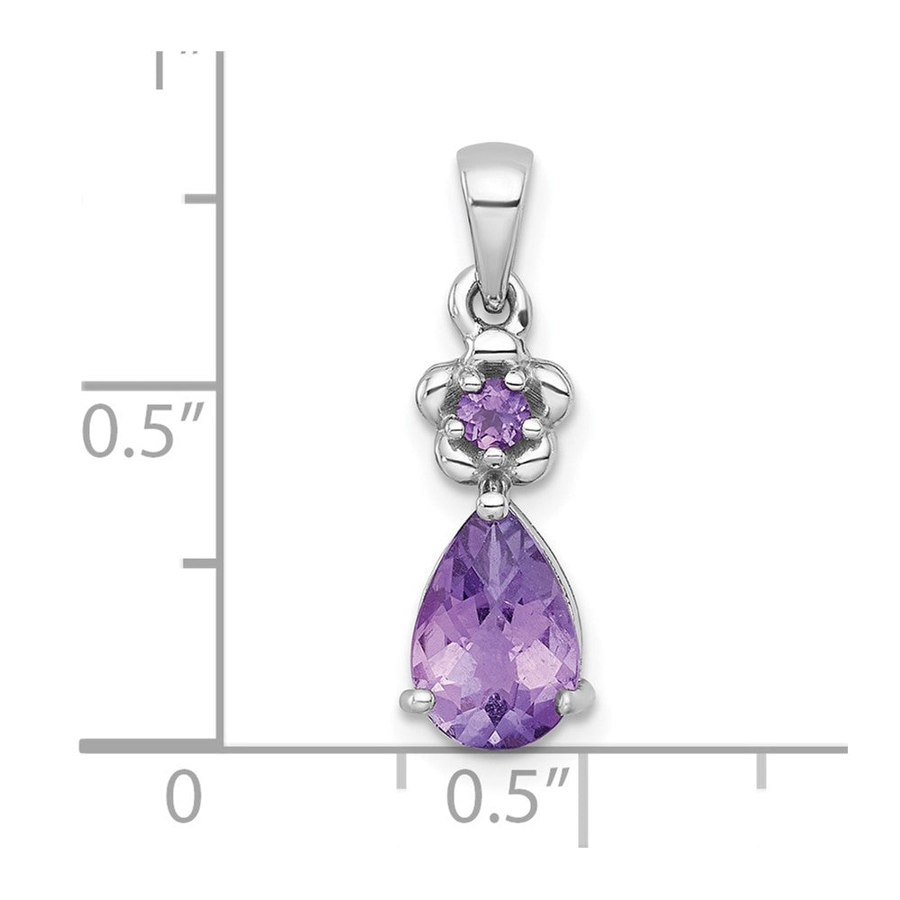 Sterling Silver Rh-Pltd Polished Amethyst Floral Teardrop Pendant