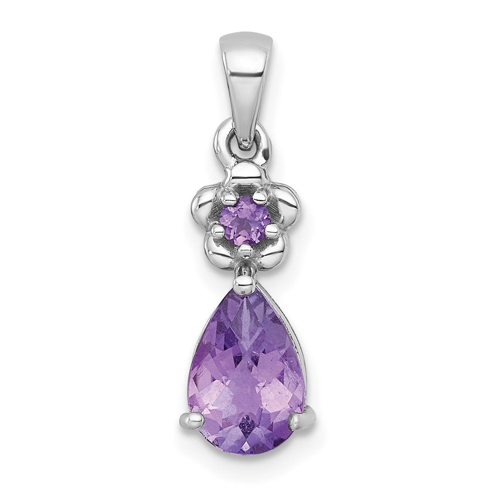 Sterling Silver Rh-Pltd Polished Amethyst Floral Teardrop Pendant
