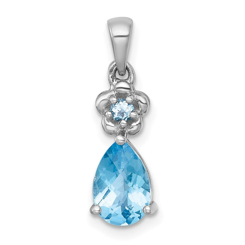 Sterling Silver Rh-Pltd Polished Light Swiss Blue Topaz Floral Teardrop Pendant