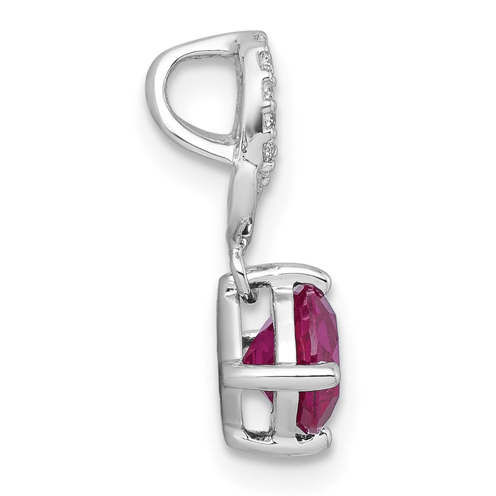 Sterling Silver Rhodium Plated Polished Cr. Ruby & CZ Dangling Heart Chain Slide