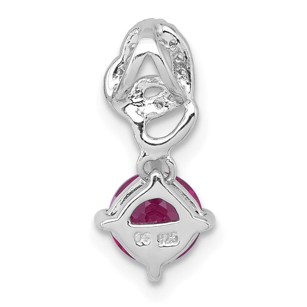 Sterling Silver Rhodium Plated Polished Cr. Ruby & CZ Dangling Heart Chain Slide