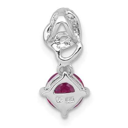 Sterling Silver Rhodium Plated Polished Cr. Ruby & CZ Dangling Heart Chain Slide