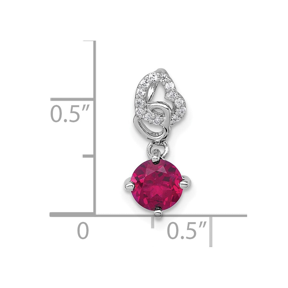 Sterling Silver Rhodium Plated Polished Cr. Ruby & CZ Dangling Heart Chain Slide