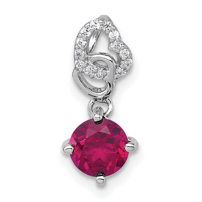 Sterling Silver Rhodium Plated Polished Cr. Ruby & CZ Dangling Heart Chain Slide