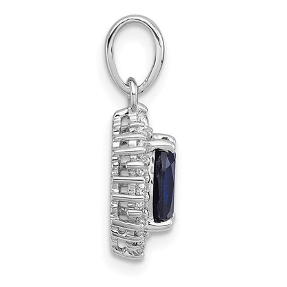Sterling Silver Rhodium Plated Polished Created Sapphire and CZ Oval Halo Pendant