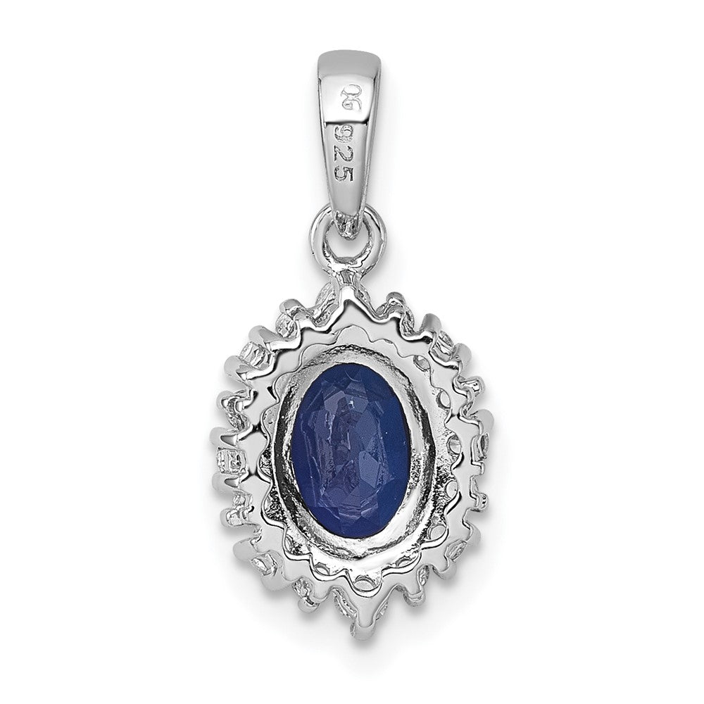 Sterling Silver Rhodium Plated Polished Created Sapphire and CZ Oval Halo Pendant