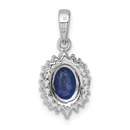 Sterling Silver Rhodium Plated Polished Created Sapphire and CZ Oval Halo Pendant