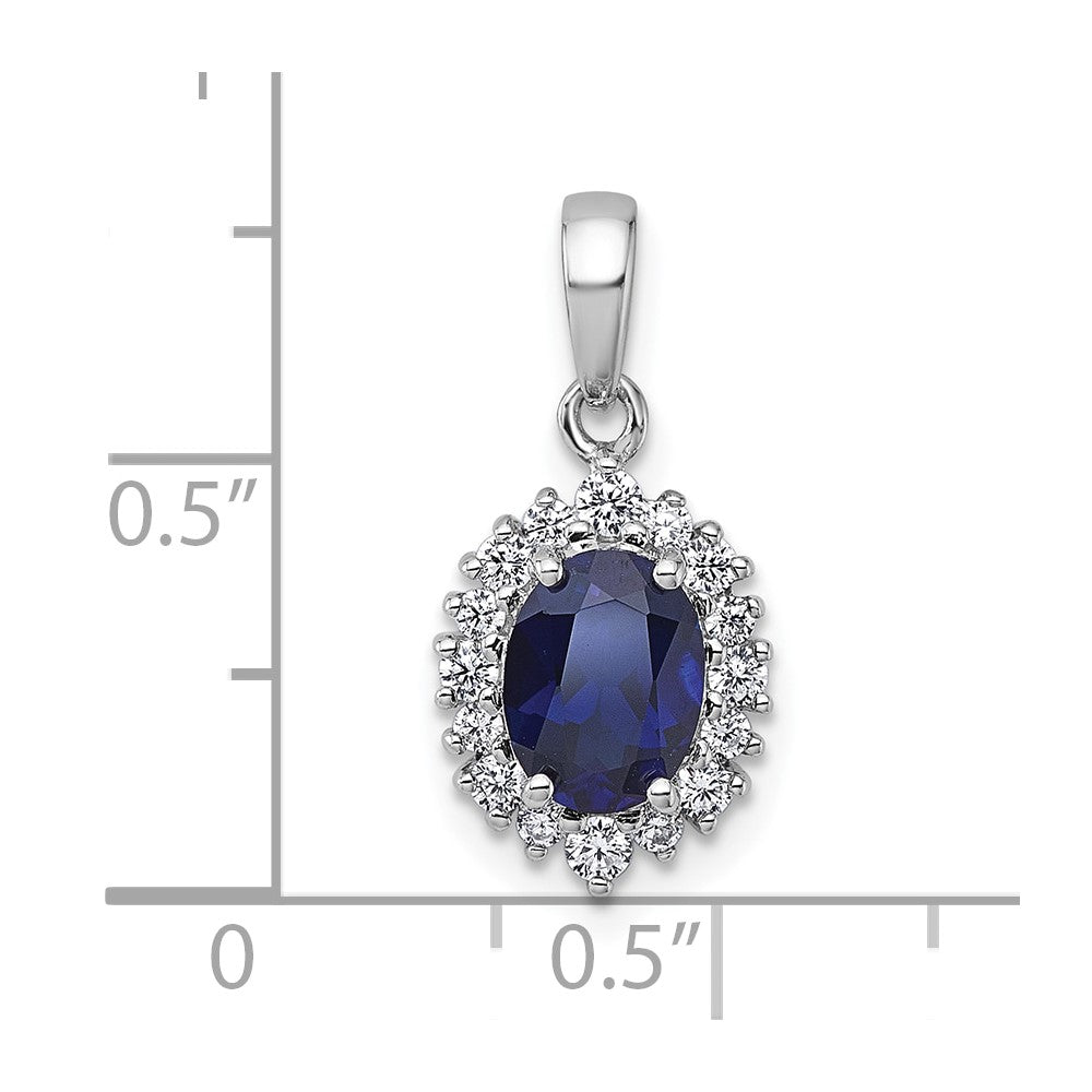 Sterling Silver Rhodium Plated Polished Created Sapphire and CZ Oval Halo Pendant