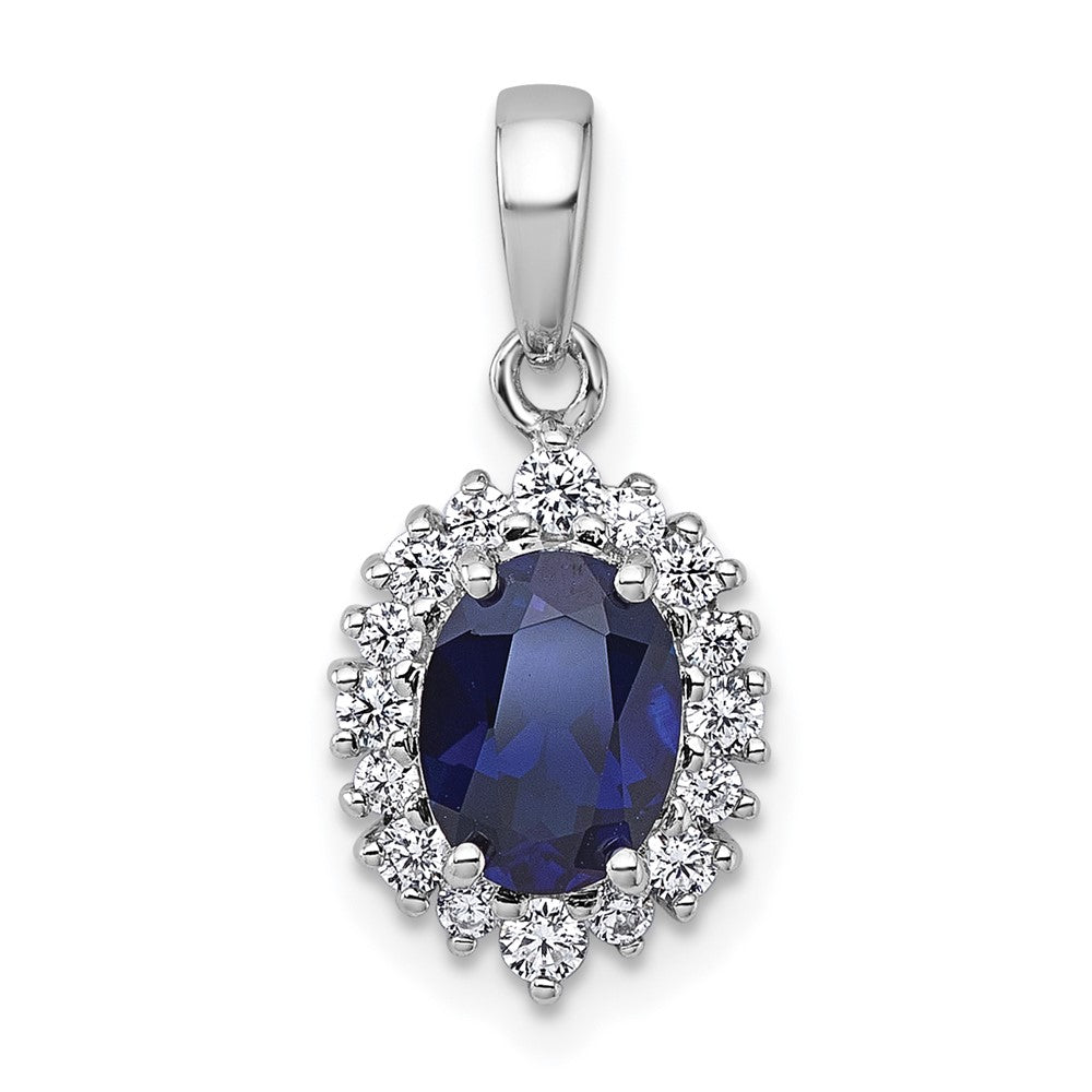 Sterling Silver Rhodium Plated Polished Created Sapphire and CZ Oval Halo Pendant