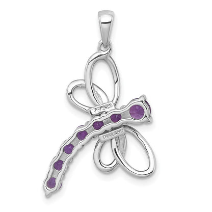 Sterling Silver Rhodium Plated Polished Amethyst Dragonfly Pendant