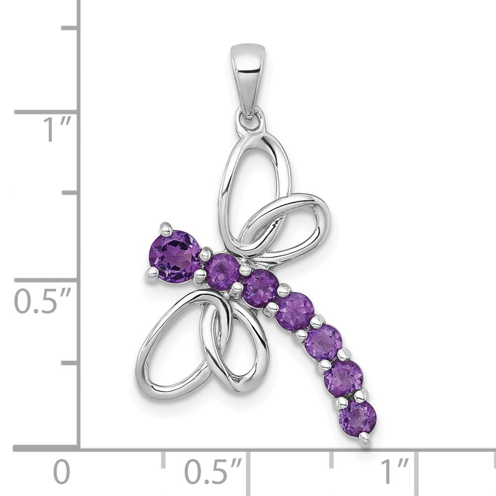 Sterling Silver Rhodium Plated Polished Amethyst Dragonfly Pendant