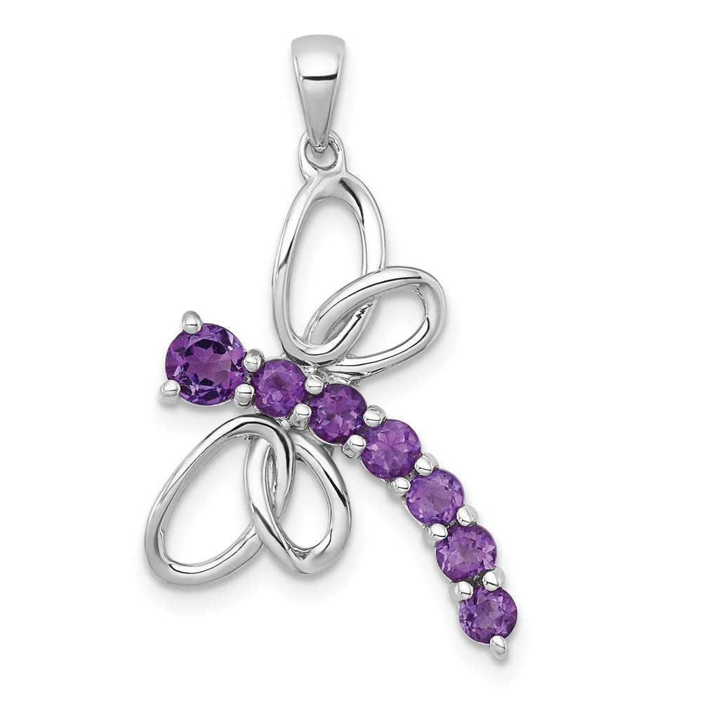 Sterling Silver Rhodium Plated Polished Amethyst Dragonfly Pendant