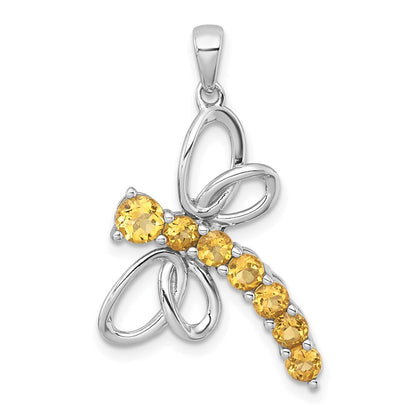Sterling Silver Rhodium-Plated Polished Citrine Dragonfly Pendant