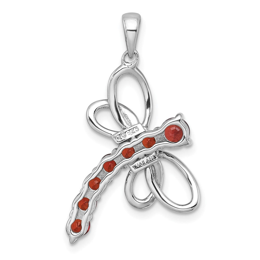 Sterling Silver Rhodium-Plated Polished Garnet Dragonfly Pendant