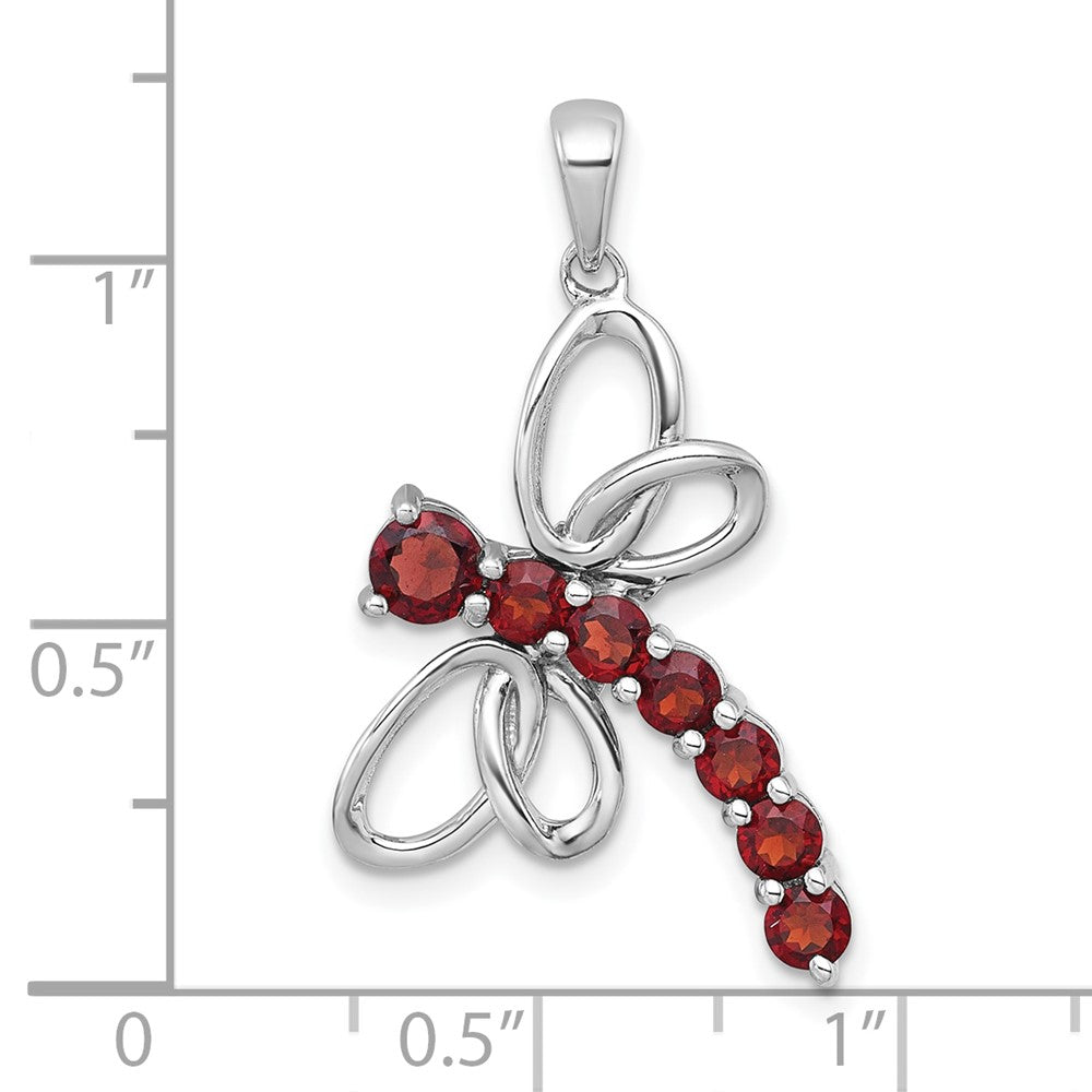 Sterling Silver Rhodium-Plated Polished Garnet Dragonfly Pendant