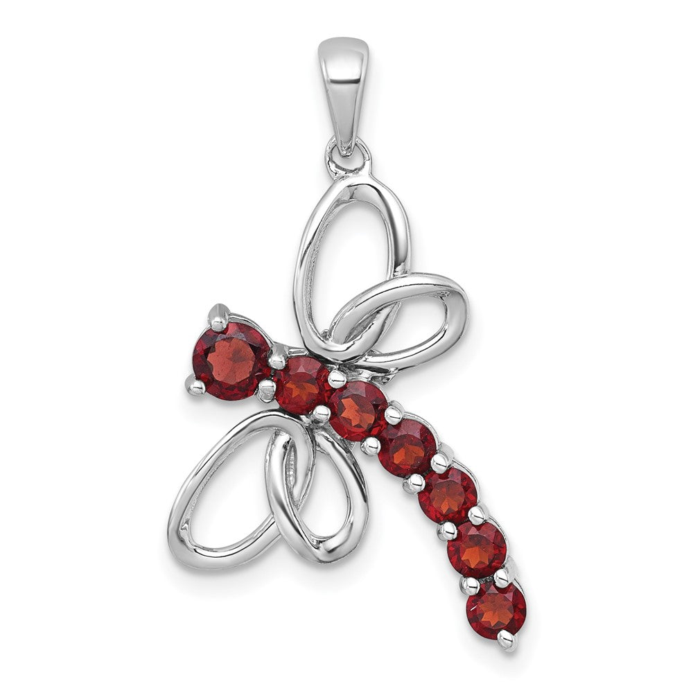 Sterling Silver Rhodium-Plated Polished Garnet Dragonfly Pendant