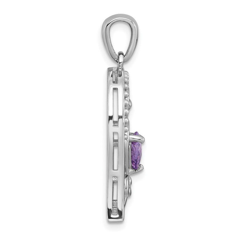 Sterling Silver Rh-Pltd Polished and Beaded Amethyst Open Heart Pendant