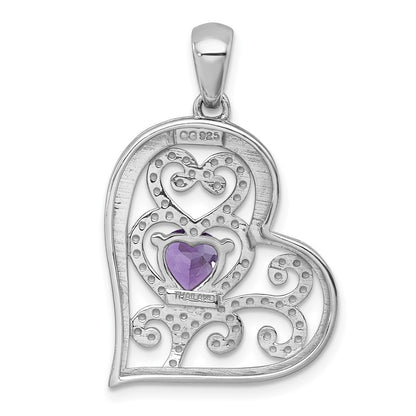 Sterling Silver Rh-Pltd Polished and Beaded Amethyst Open Heart Pendant